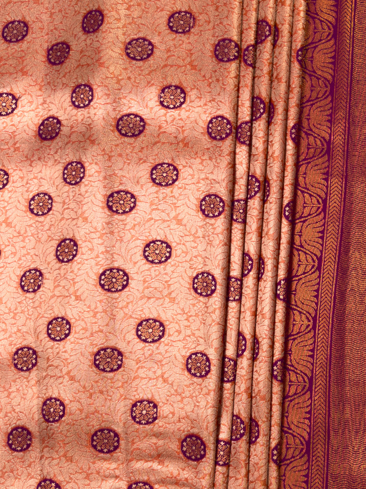 MIMOSA Peach Kanjivaram Art Silk Saree — detailed view of pallu and pleats