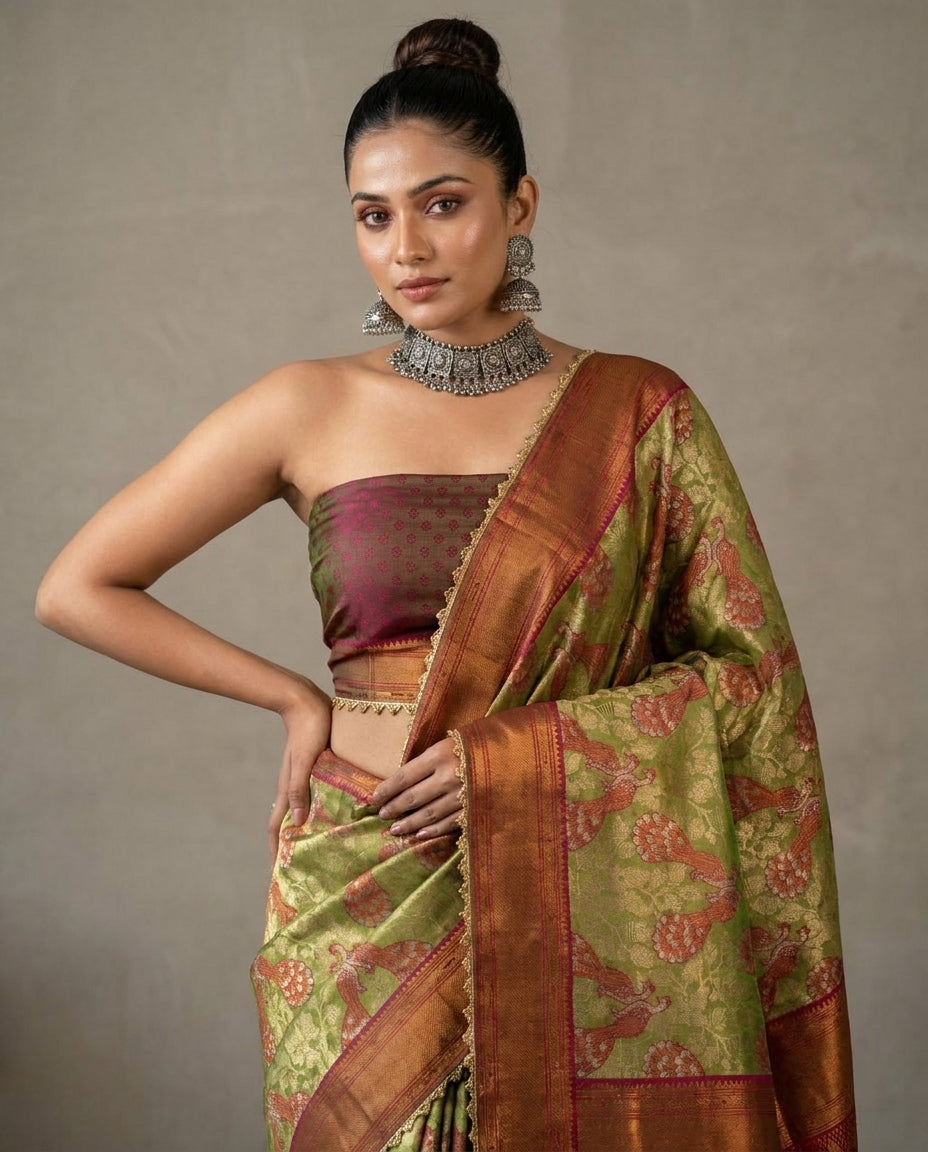 MIMOSA Olive Kanjivaram Art Silk Saree — pose 10 styling detail
