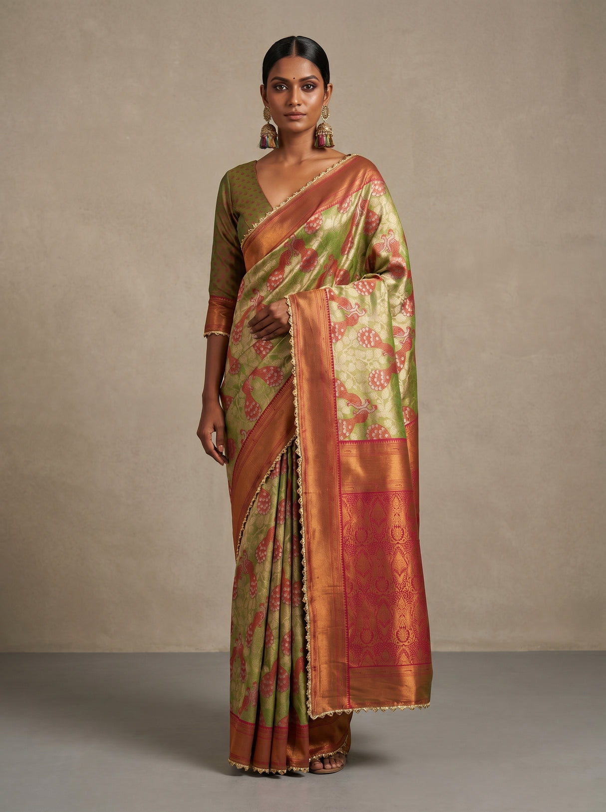 MIMOSA Olive Kanjivaram Art Silk Saree — draped on mannequin
