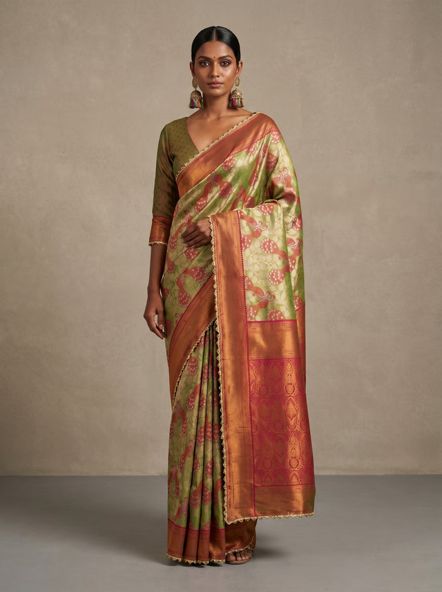 MIMOSA Olive Kanjivaram Art Silk Saree — draped on mannequin