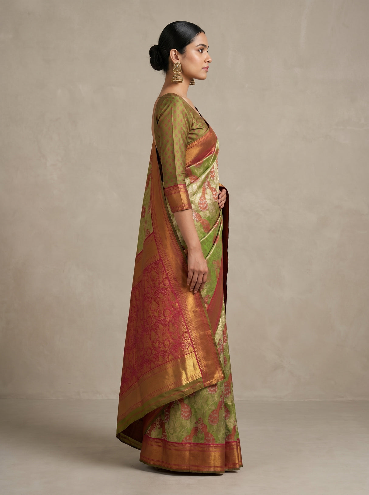 MIMOSA Olive Kanjivaram Art Silk Saree — pose 3 styling detail