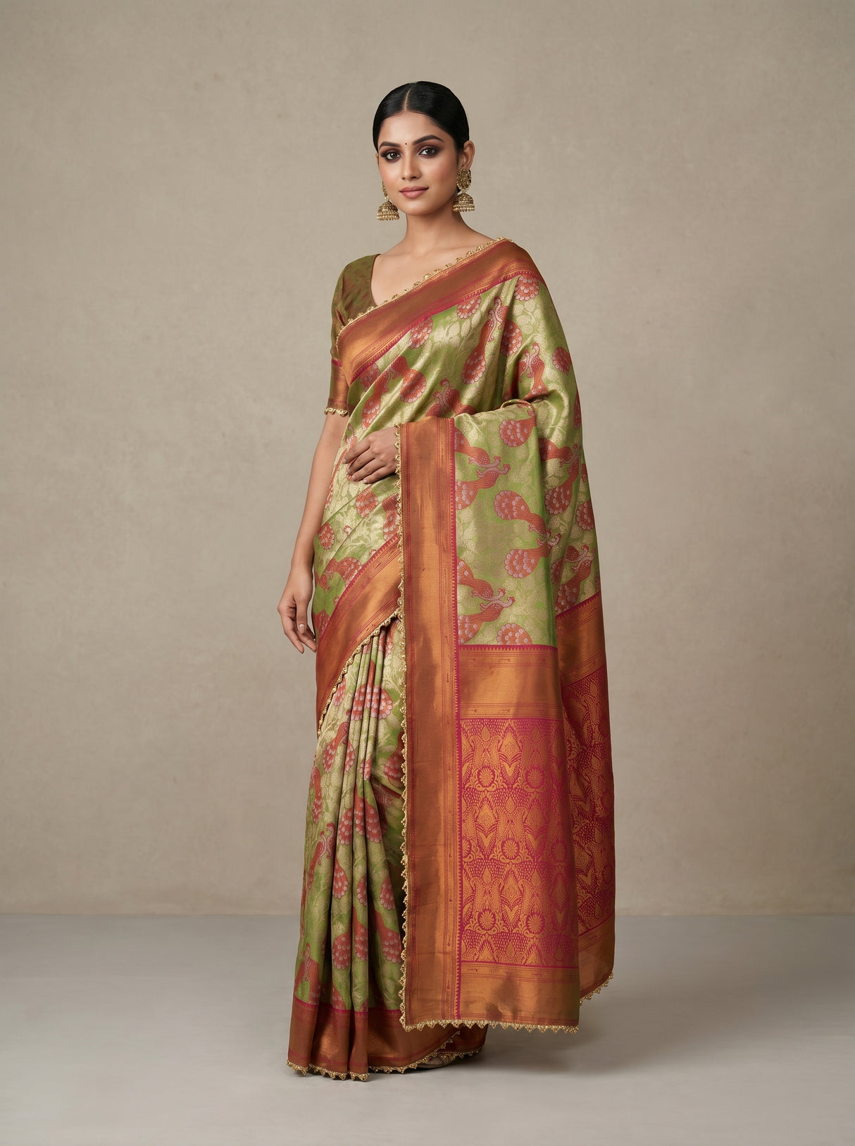 MIMOSA Olive Kanjivaram Art Silk Saree — pose 4 styling detail