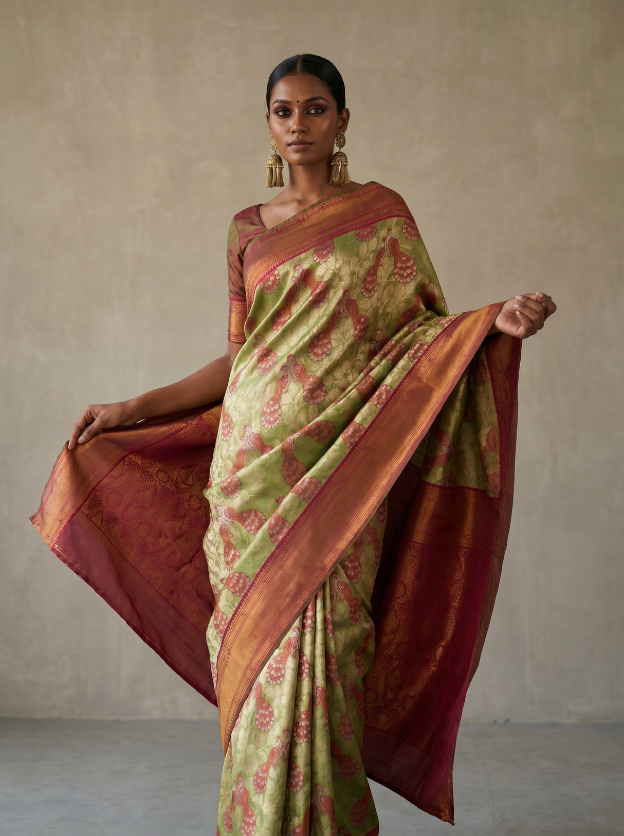 MIMOSA Olive Kanjivaram Art Silk Saree — pose 6 styling detail