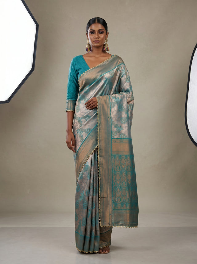 MIMOSA Saffire Kanjivaram Art Silk Saree — draped on mannequin