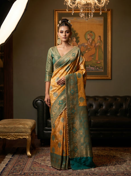 MIMOSA Gold Kanjivaram Art Silk Saree — Mannequin draped view