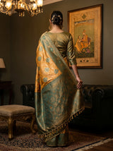 MIMOSA Gold Kanjivaram Art Silk Saree — Unstitched green blouse fabric