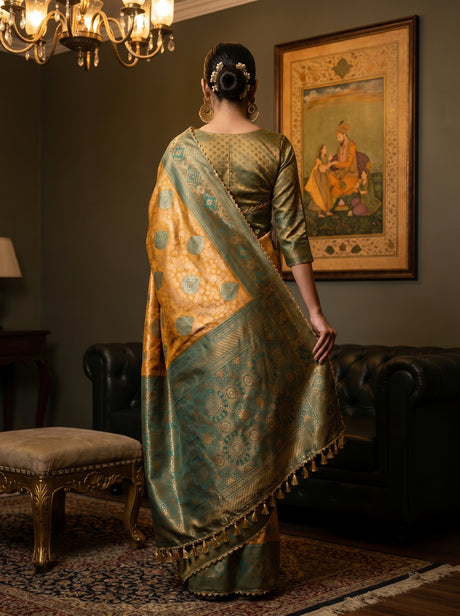 MIMOSA Gold Kanjivaram Art Silk Saree — Unstitched green blouse fabric