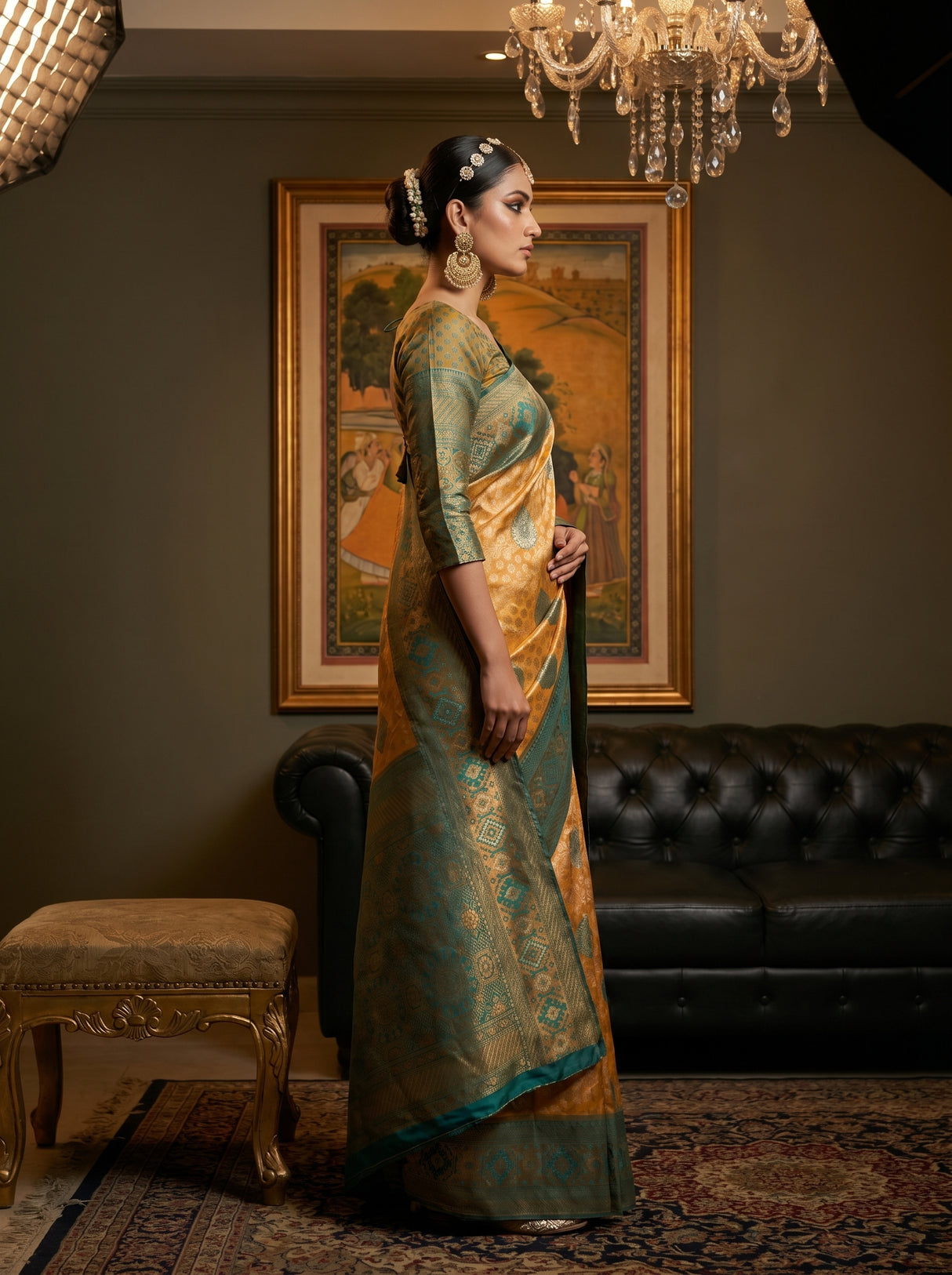MIMOSA Gold Kanjivaram Art Silk Saree — Model pose in festive setting