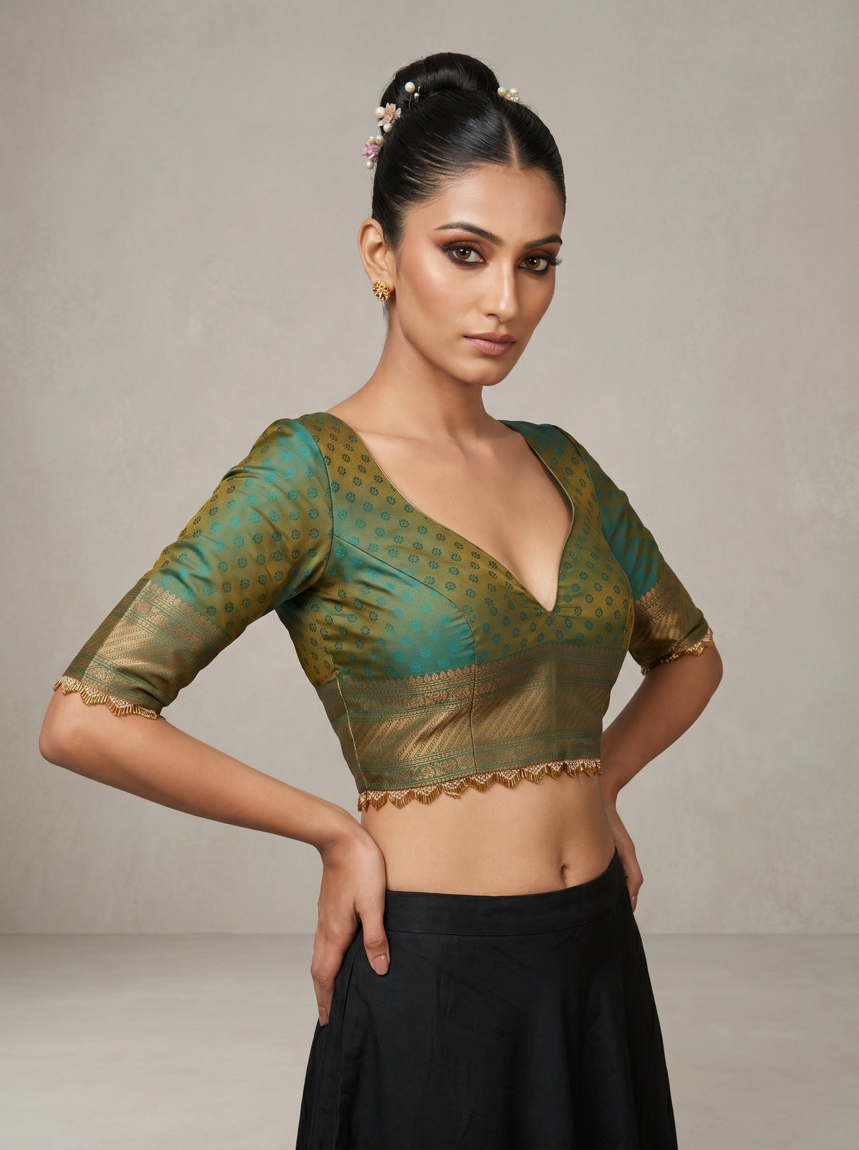 MIMOSA Gold Kanjivaram Art Silk Saree — blouse close-up