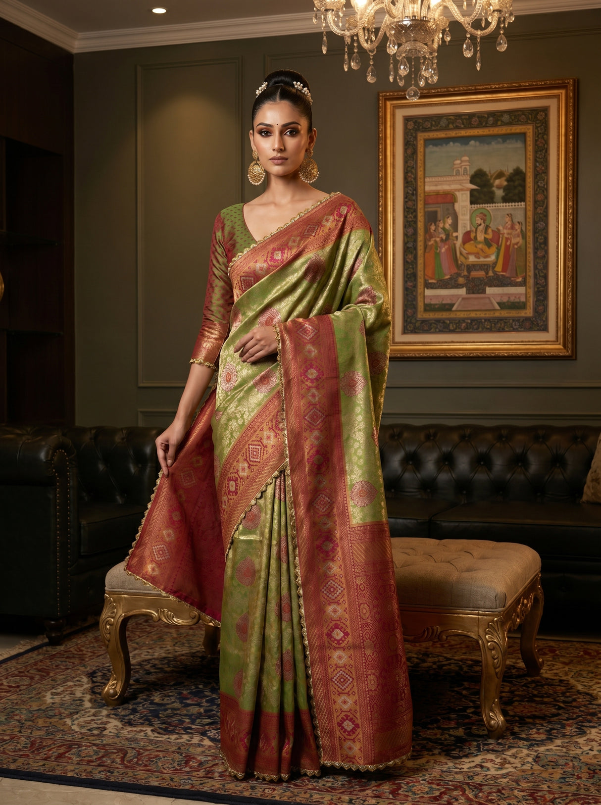 MIMOSA Olive Kanjivaram Art Silk Saree — Mannequin draped view