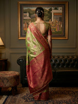 MIMOSA Olive Kanjivaram Art Silk Saree — Unstitched maroon blouse fabric