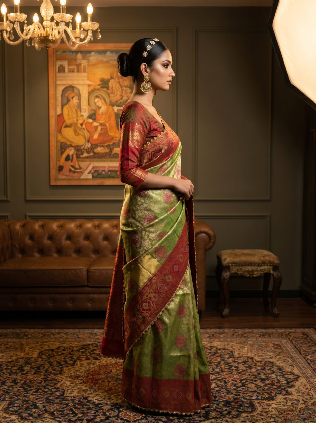MIMOSA Olive Kanjivaram Art Silk Saree — Model pose in festive setting