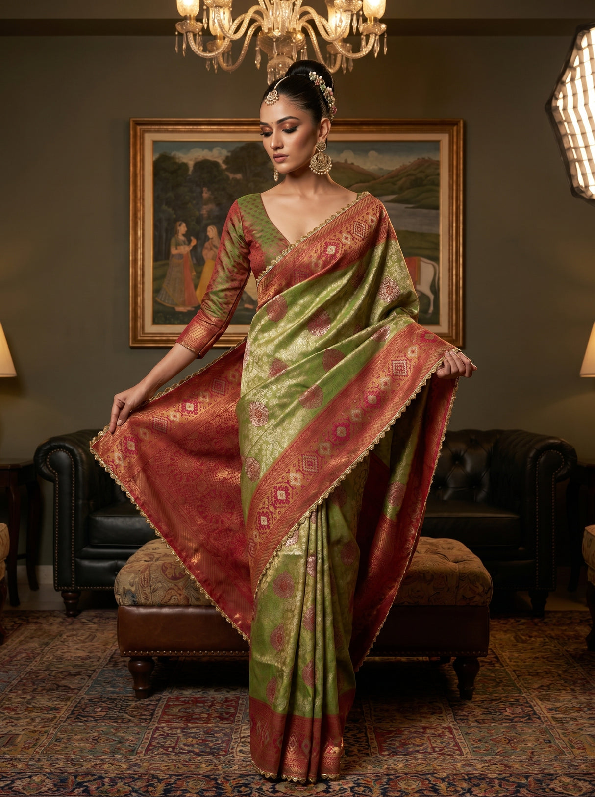 MIMOSA Olive Kanjivaram Art Silk Saree — pose 6 styling detail