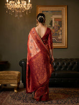 MIMOSA Peach Kanjivaram Art Silk Saree — Unstitched maroon blouse fabric