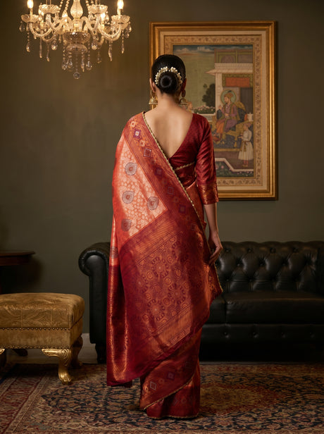 MIMOSA Peach Kanjivaram Art Silk Saree — Unstitched maroon blouse fabric