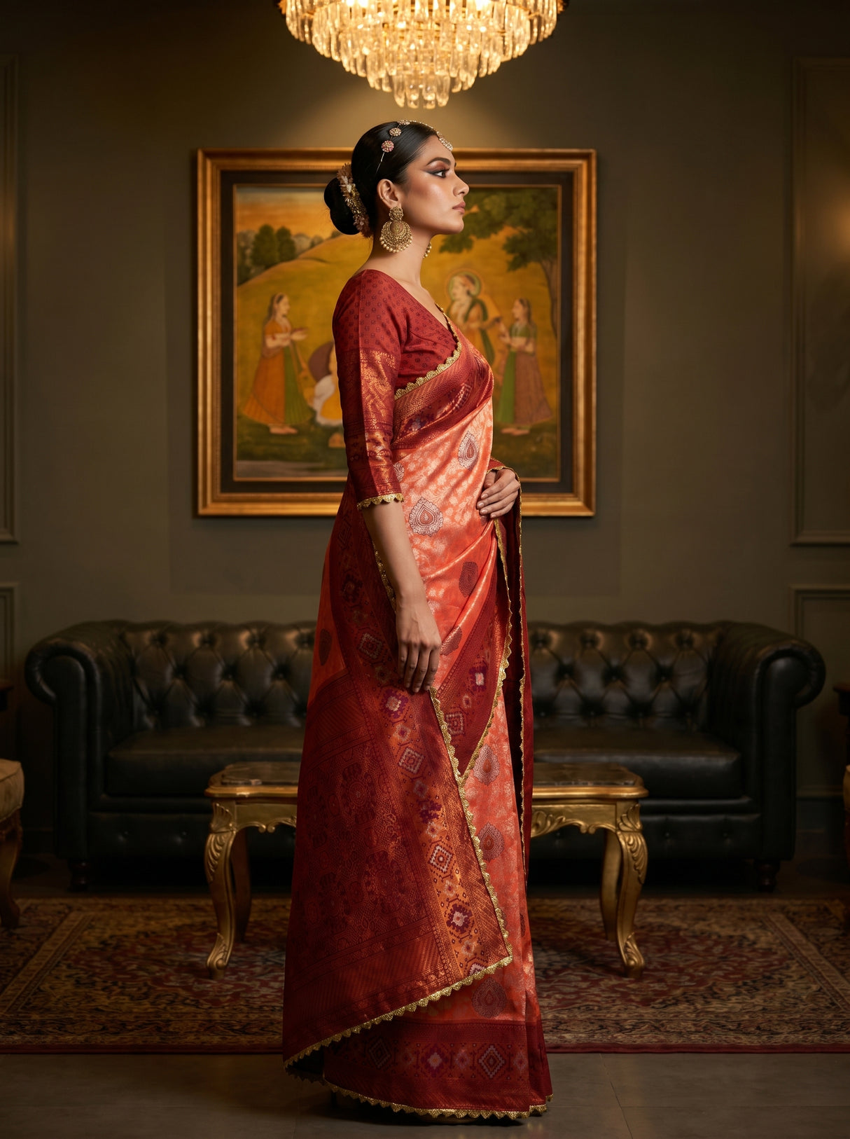 MIMOSA Peach Kanjivaram Art Silk Saree — Model pose in festive setting