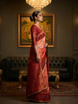 MIMOSA Peach Kanjivaram Art Silk Saree — Model pose in festive setting