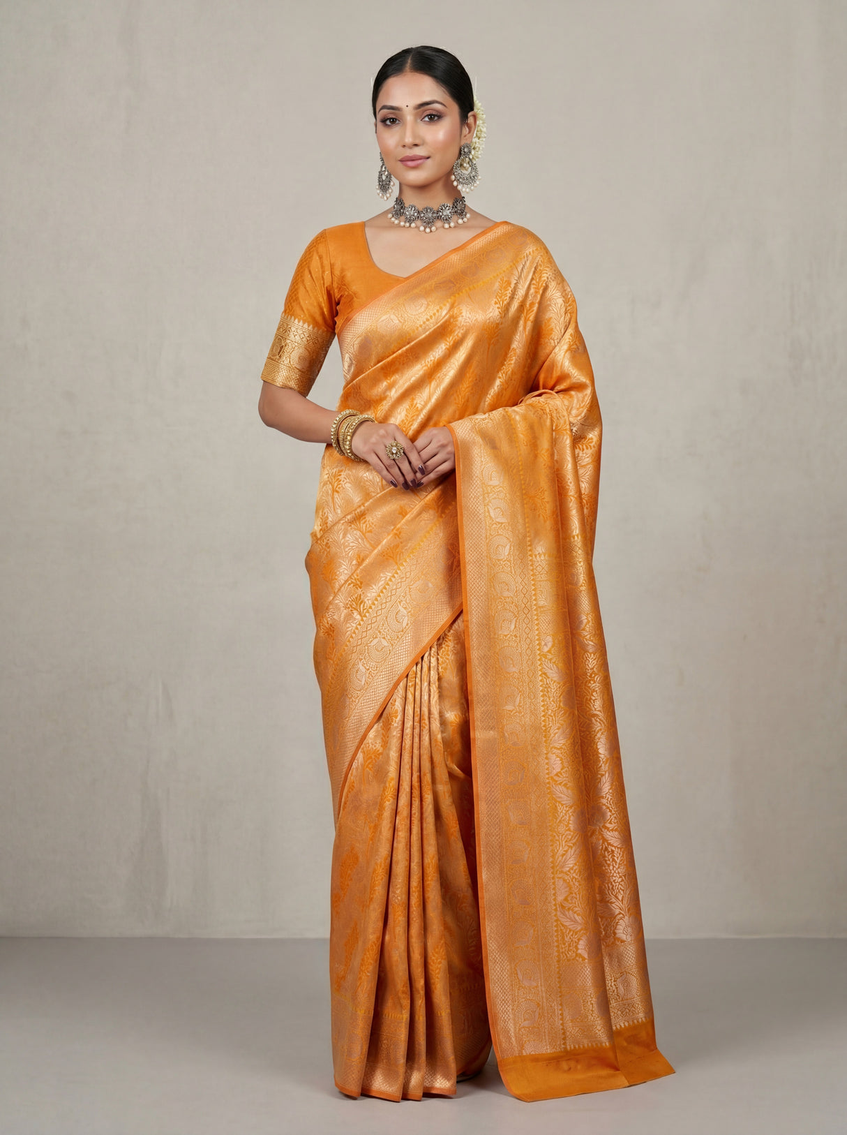 MIMOSA Mustard Kanjivaram Art Silk Saree — full view on mannequin