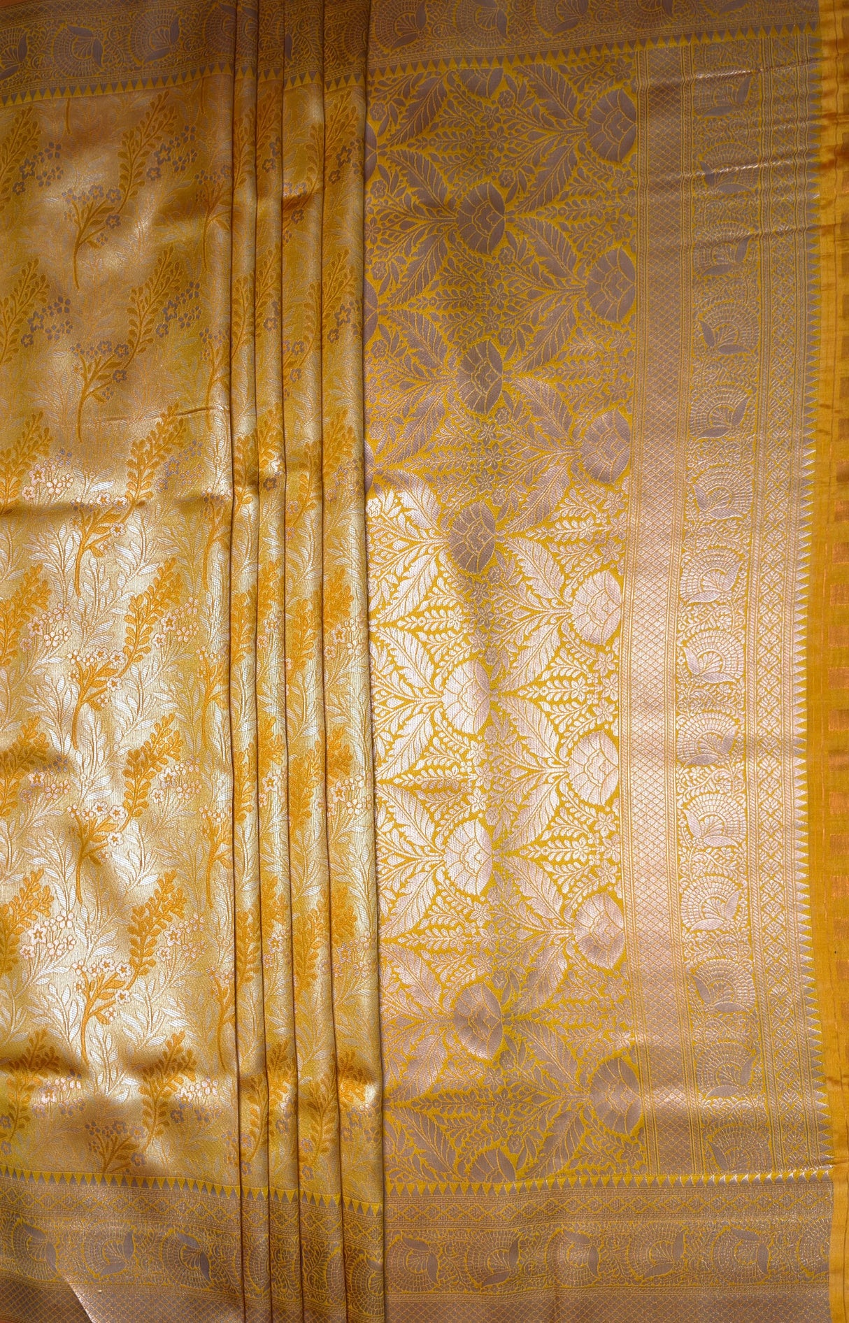 MIMOSA Mustard Kanjivaram Art Silk Saree — pallu and zari work detail