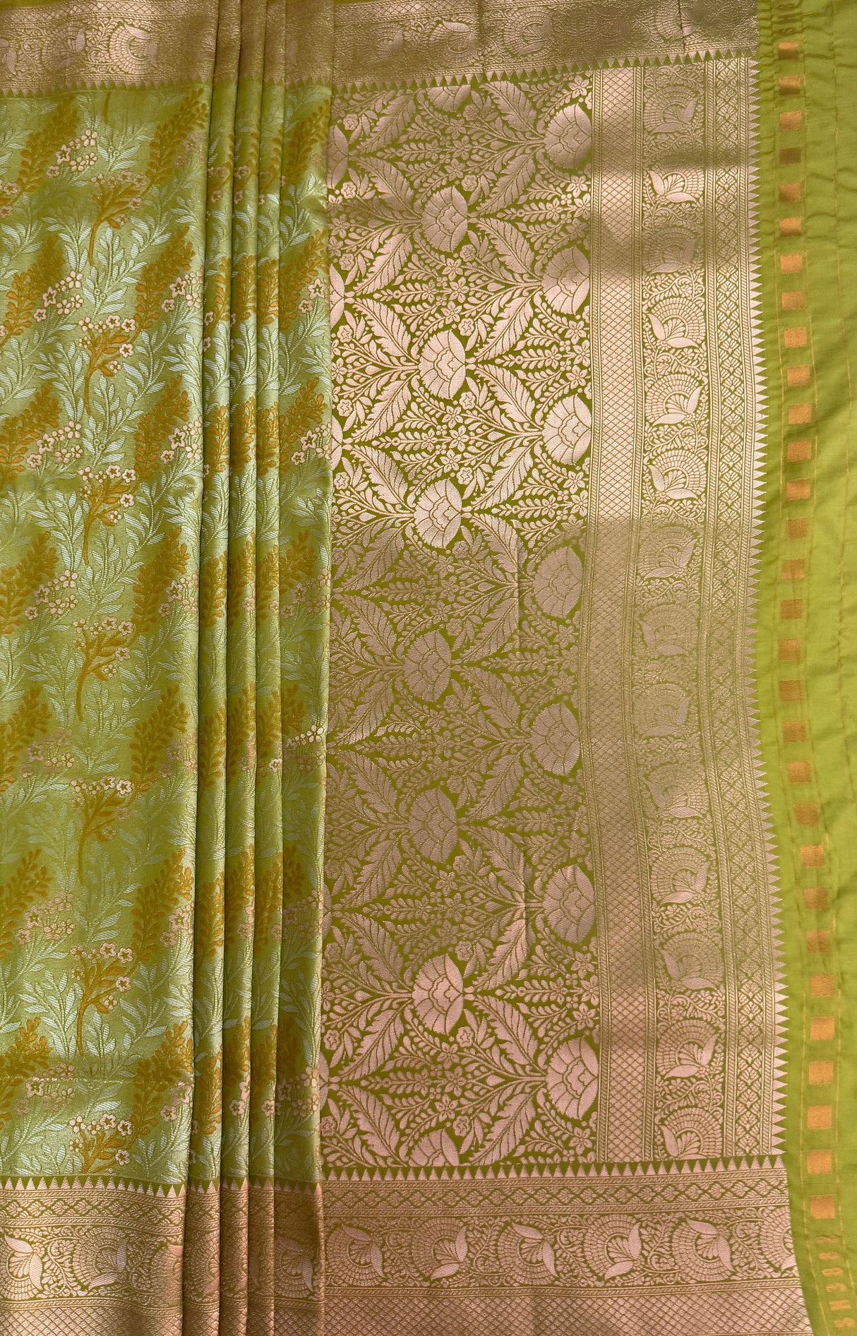 MIMOSA Olive Kanjivaram Art Silk Saree — pallu and zari work detail