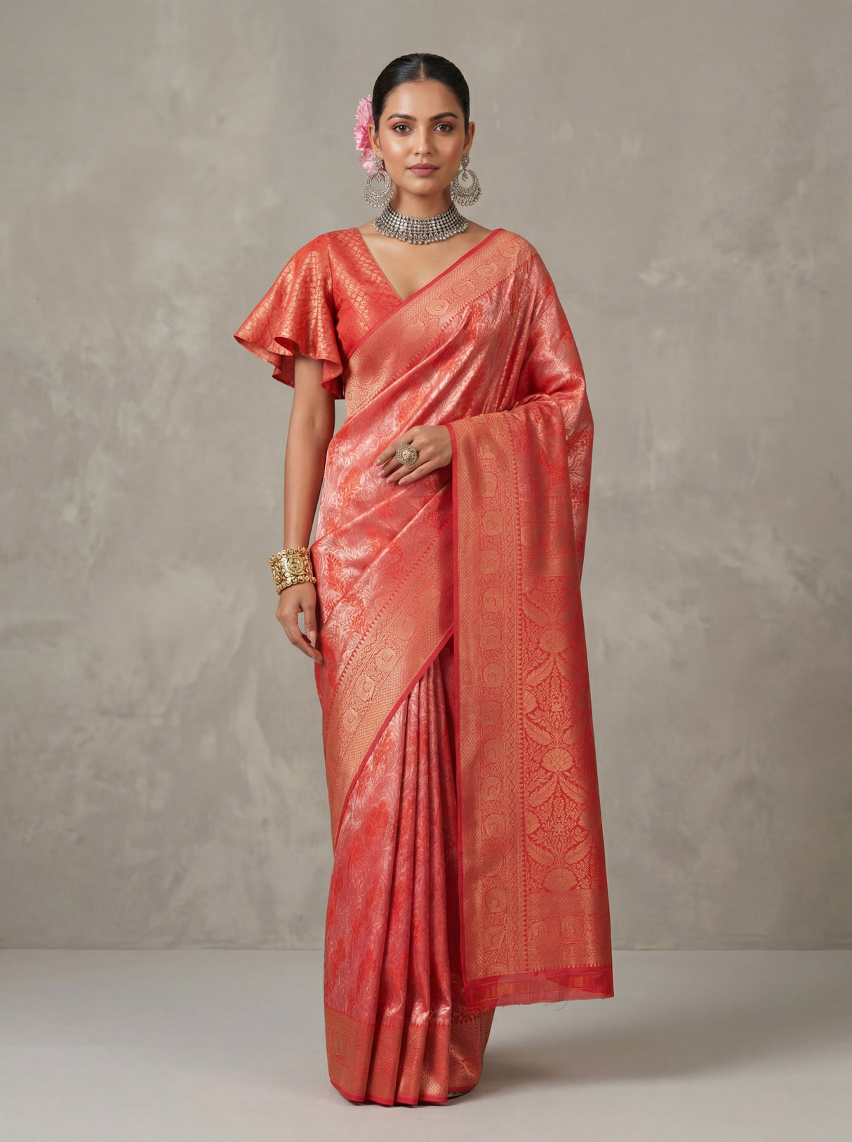 MIMOSA Strawberry Kanjivaram Art Silk Saree — full view on mannequin