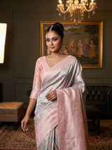 MIMOSA Grey Kanjivaram Art Silk Saree — detail of border and drape