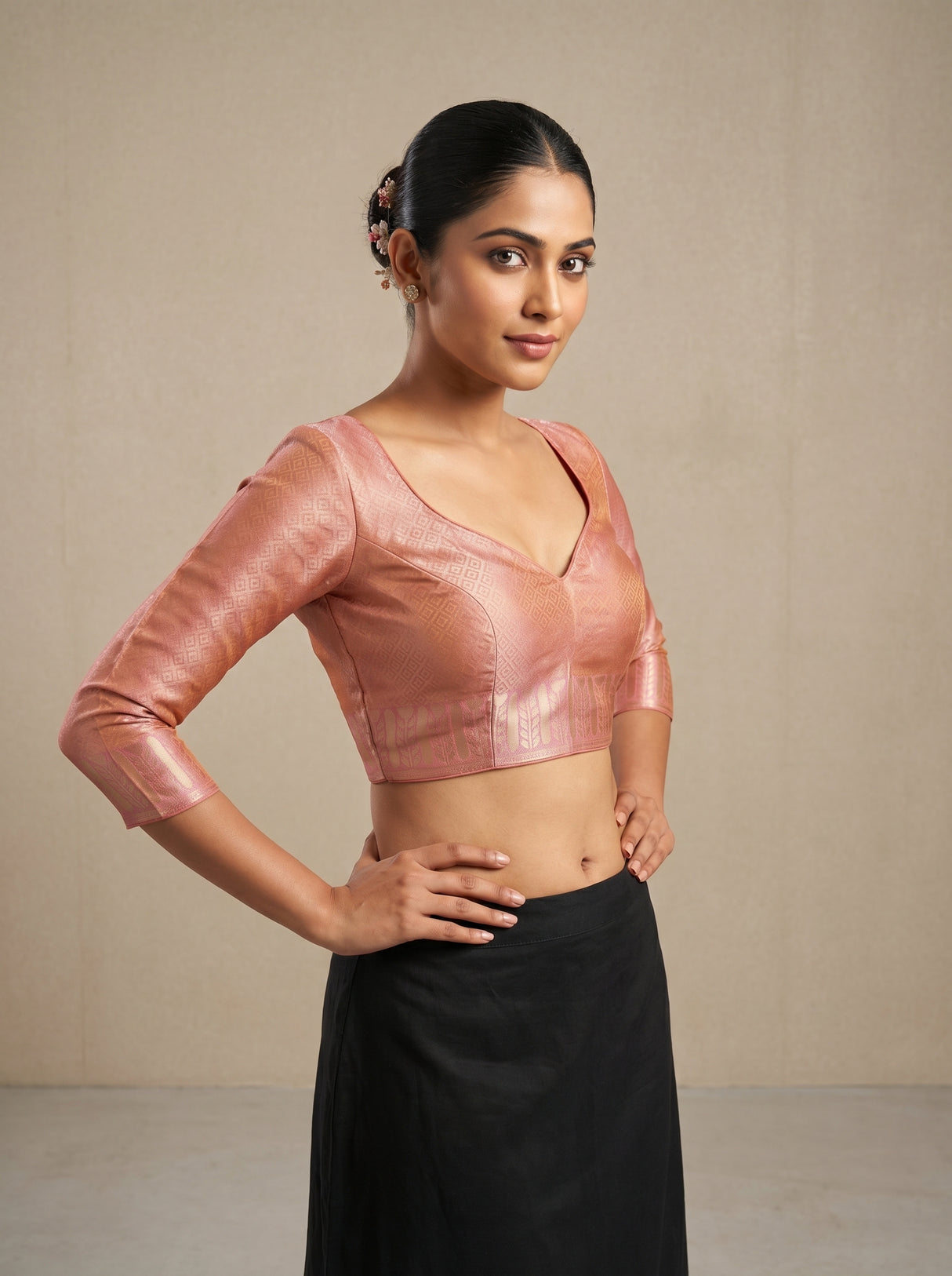 MIMOSA Peach Kanjivaram Art Silk Saree — blouse close-up