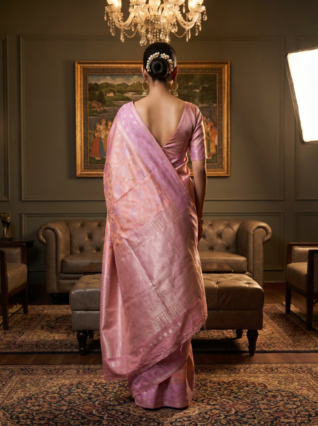 MIMOSA Pink Kanjivaram Art Silk Saree — close-up of face and chandelier