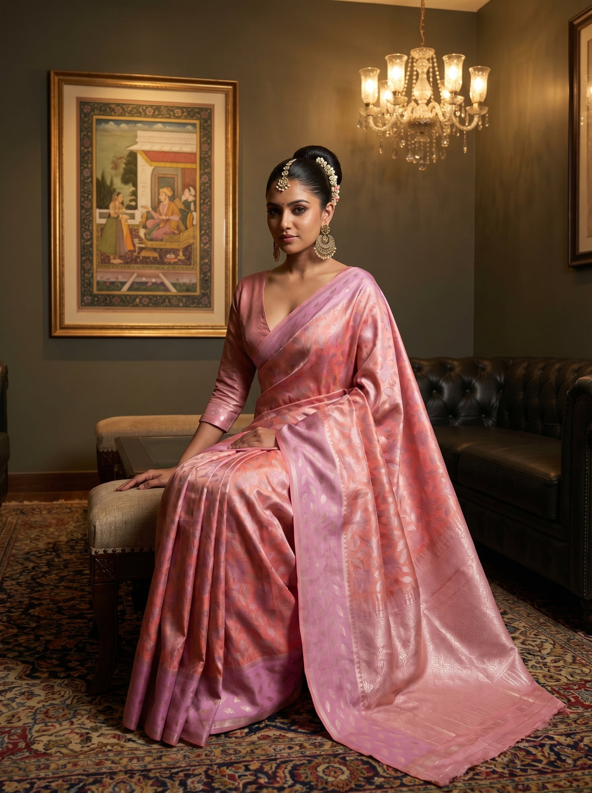 MIMOSA Pink Kanjivaram Art Silk Saree — close-up of pallu and lower drape