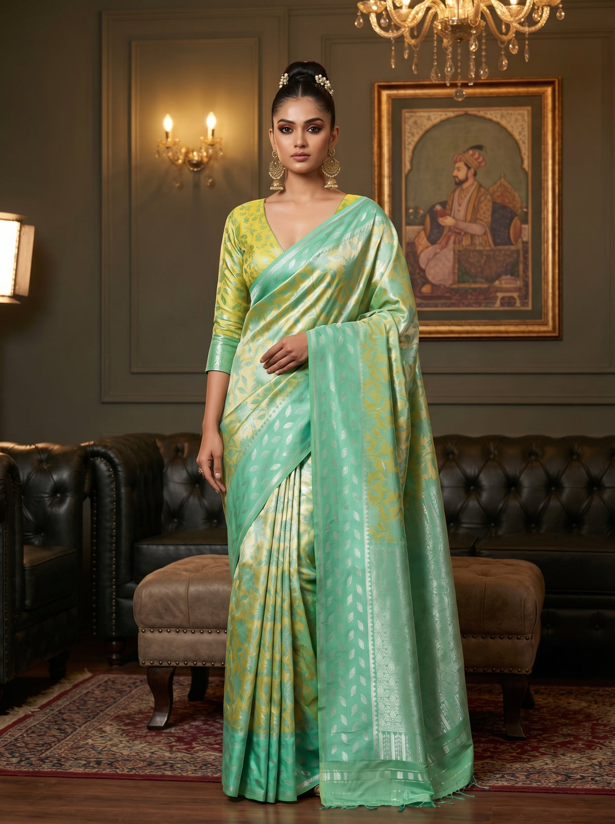 MIMOSA Pista Kanjivaram Art Silk Saree — full front view