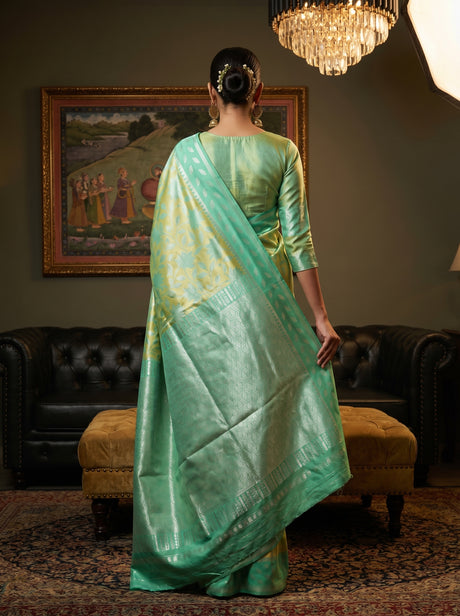 MIMOSA Pista Kanjivaram Art Silk Saree — close-up of face and chandelier