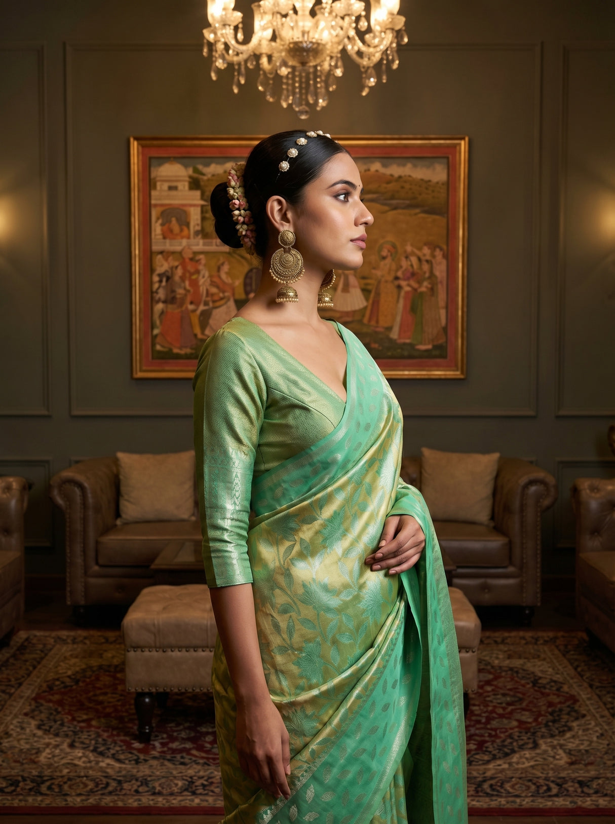 MIMOSA Pista Kanjivaram Art Silk Saree — close-up of blouse and body