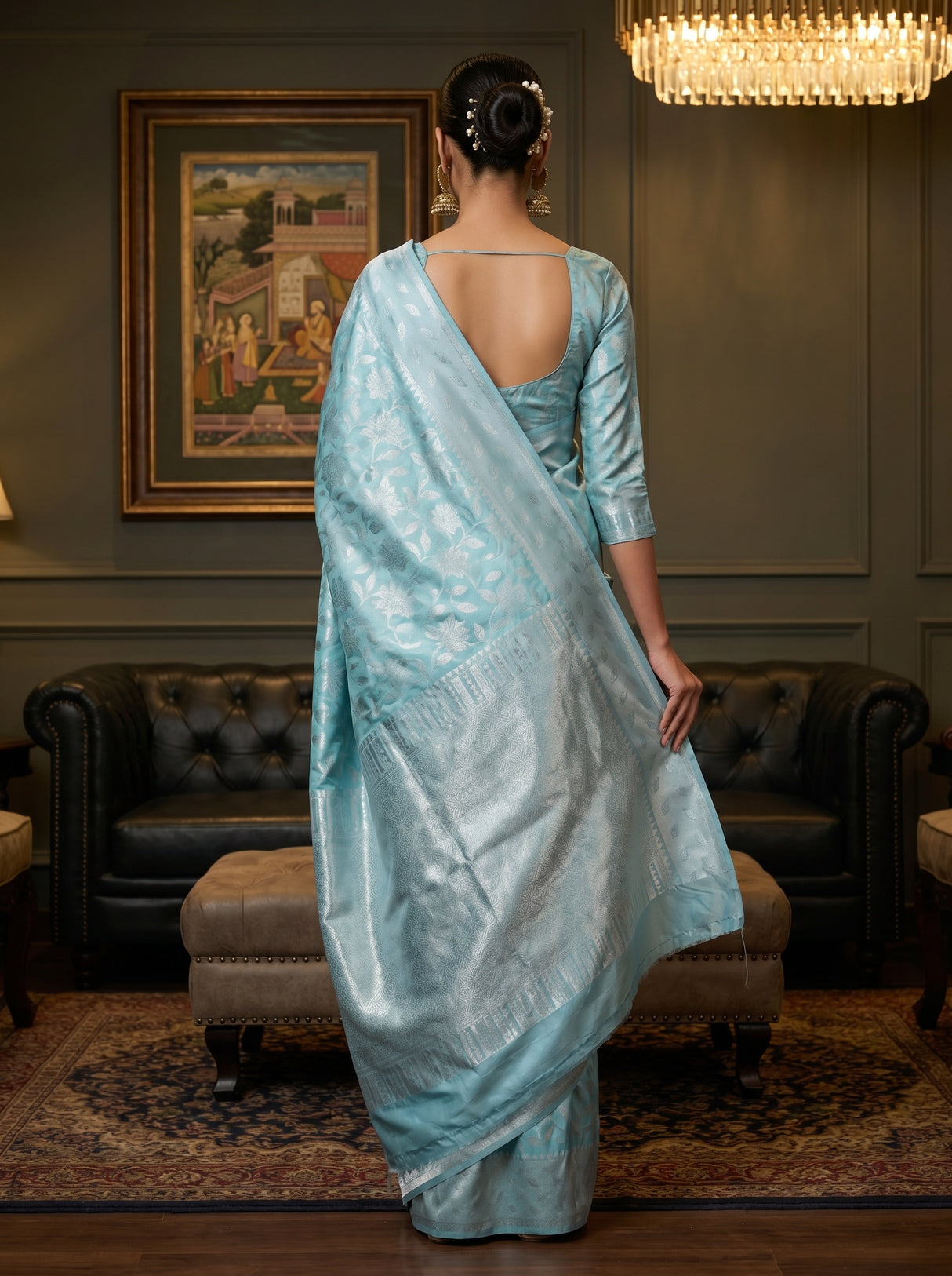 MIMOSA Rama Kanjivaram Art Silk Saree — close-up of face and chandelier