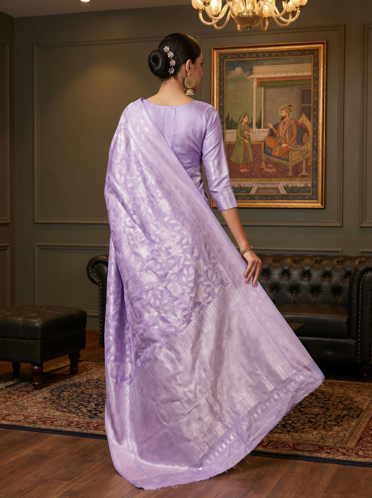 MIMOSA Violet Kanjivaram Art Silk Saree — close-up of face and chandelier