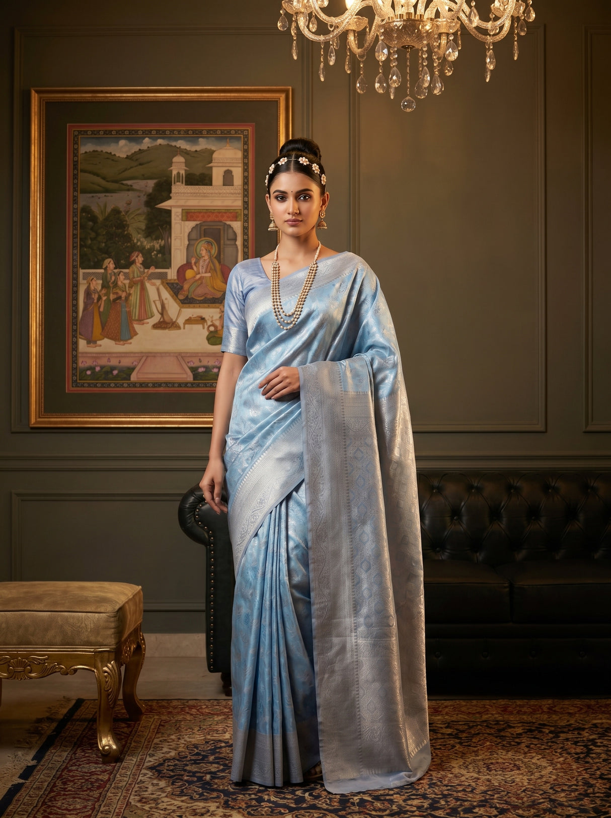 MIMOSA Royal Blue Kanjivaram Art Silk Saree — front view on mannequin