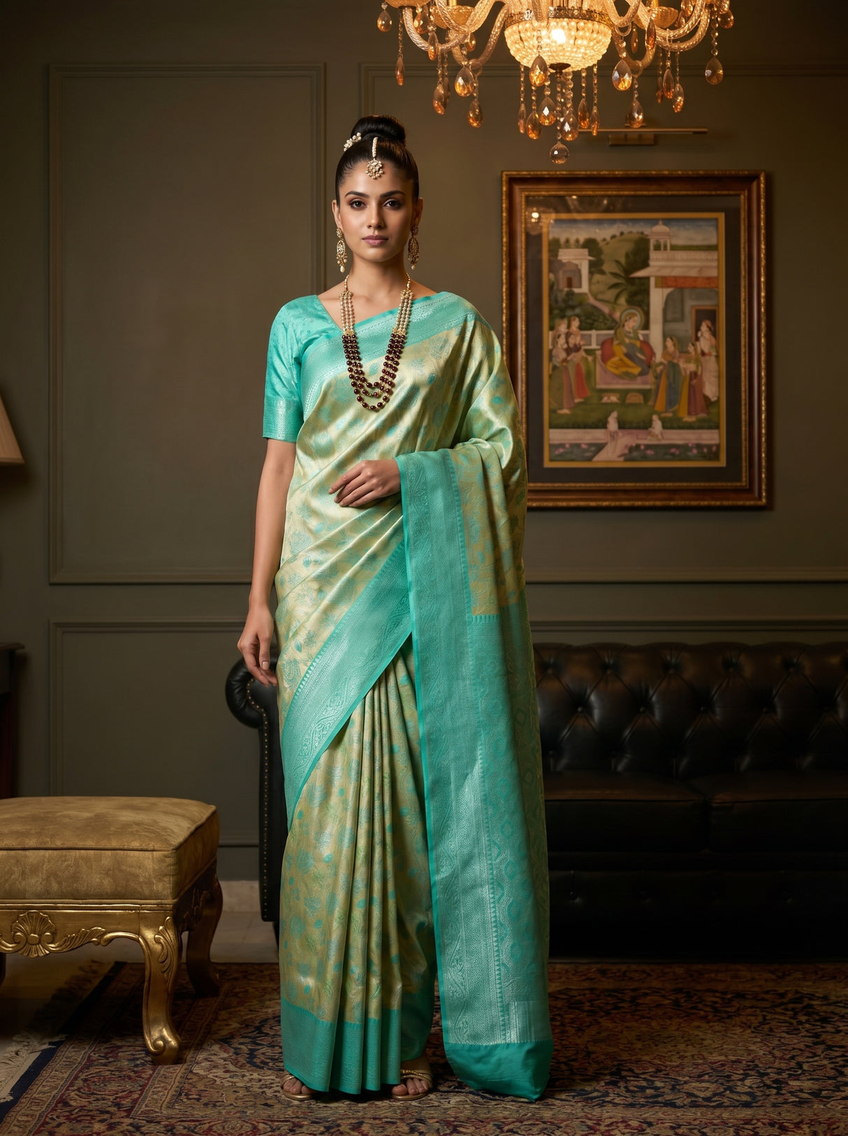 MIMOSA Gold Kanjivaram Art Silk Saree — front view on mannequin