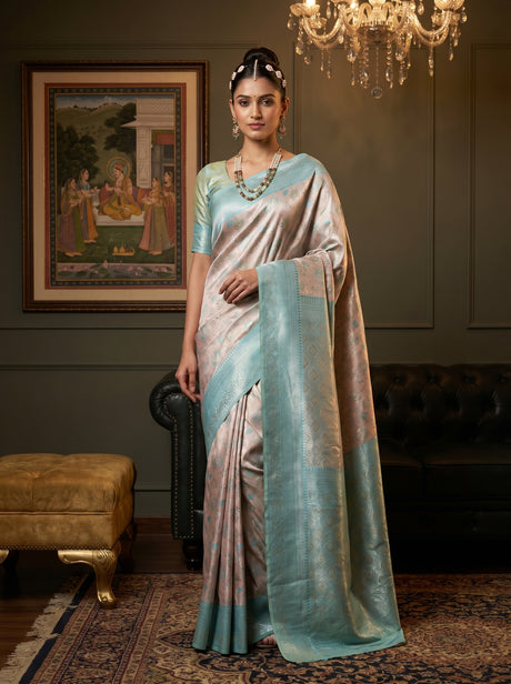 MIMOSA Half White Kanjivaram Art Silk Saree — front view on mannequin