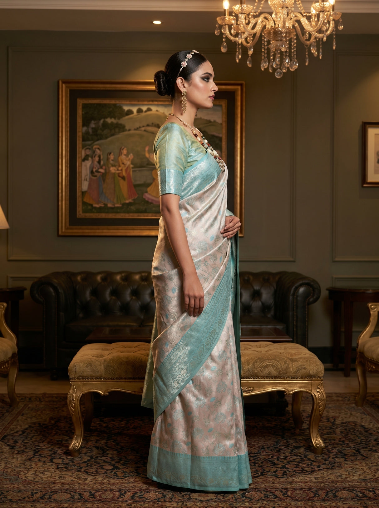 MIMOSA Half White Kanjivaram Art Silk Saree — pose 3 styling detail