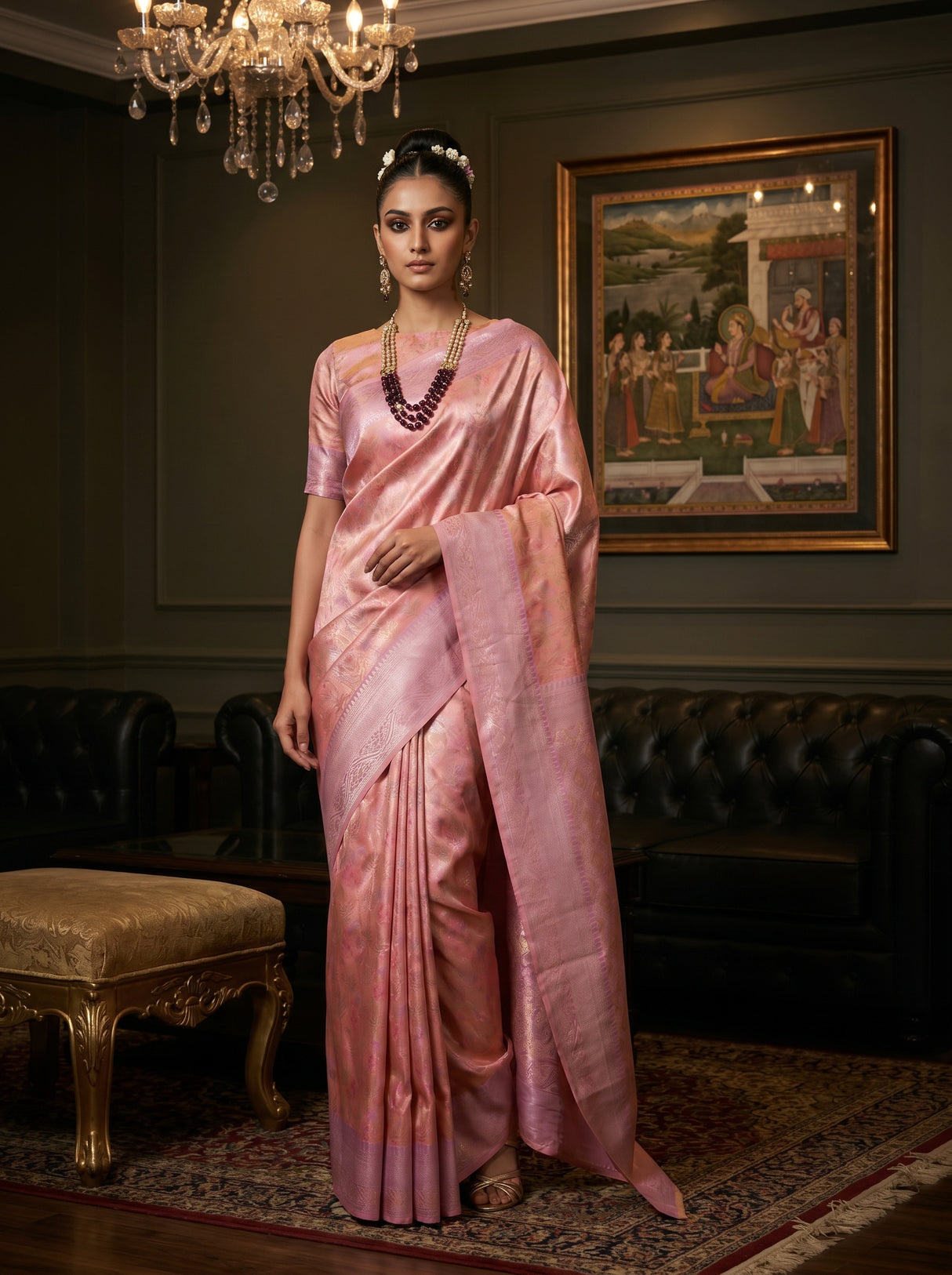 MIMOSA Pink Kanjivaram Art Silk Saree — front view on mannequin
