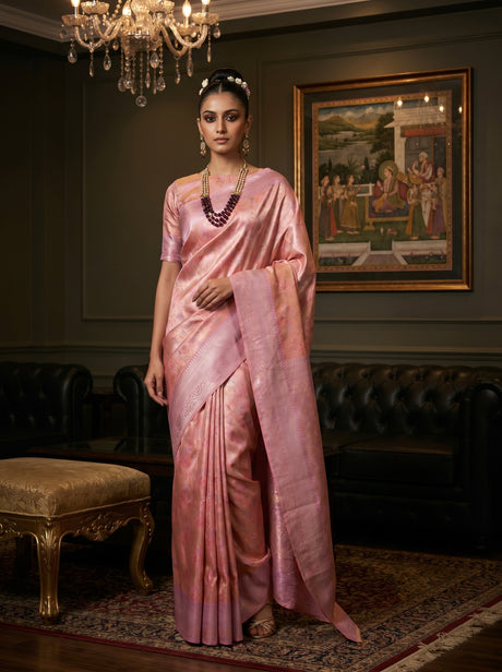 MIMOSA Pink Kanjivaram Art Silk Saree — front view on mannequin