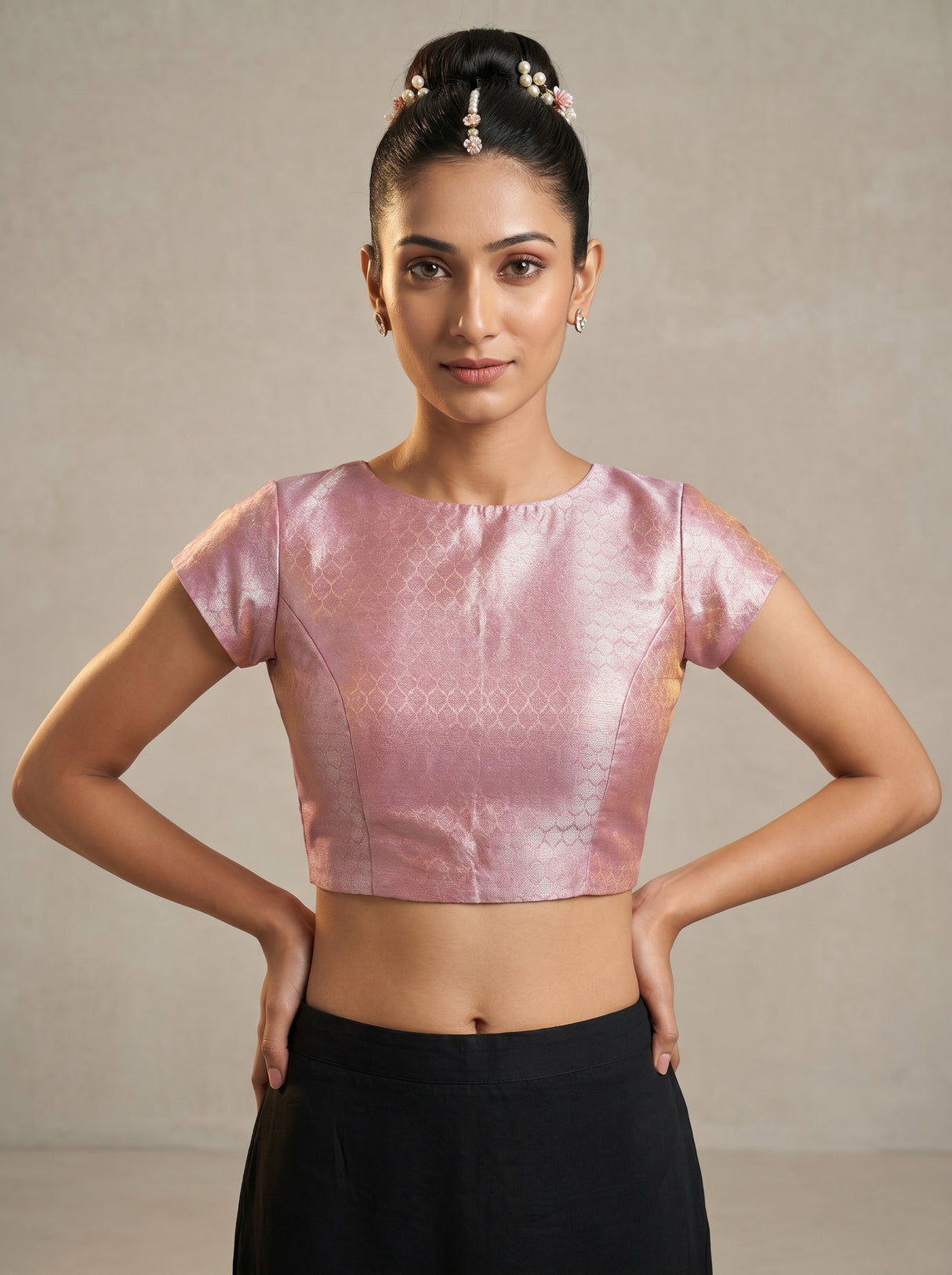 MIMOSA Pink Kanjivaram Art Silk Saree — blouse close-up