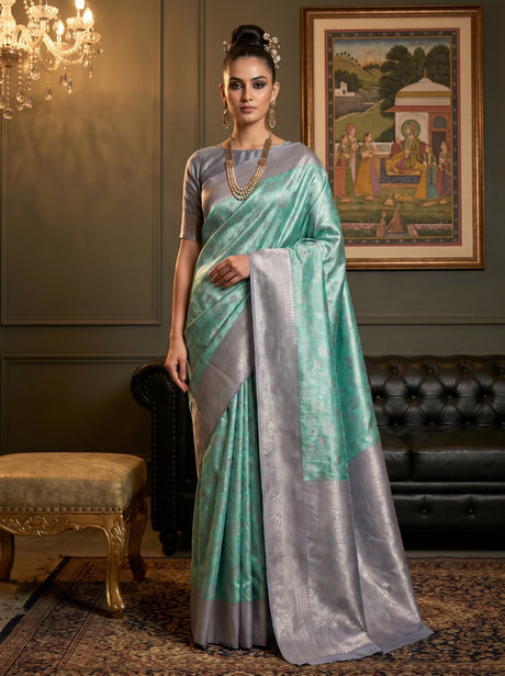 MIMOSA Rama Kanjivaram Art Silk Saree — front view on mannequin