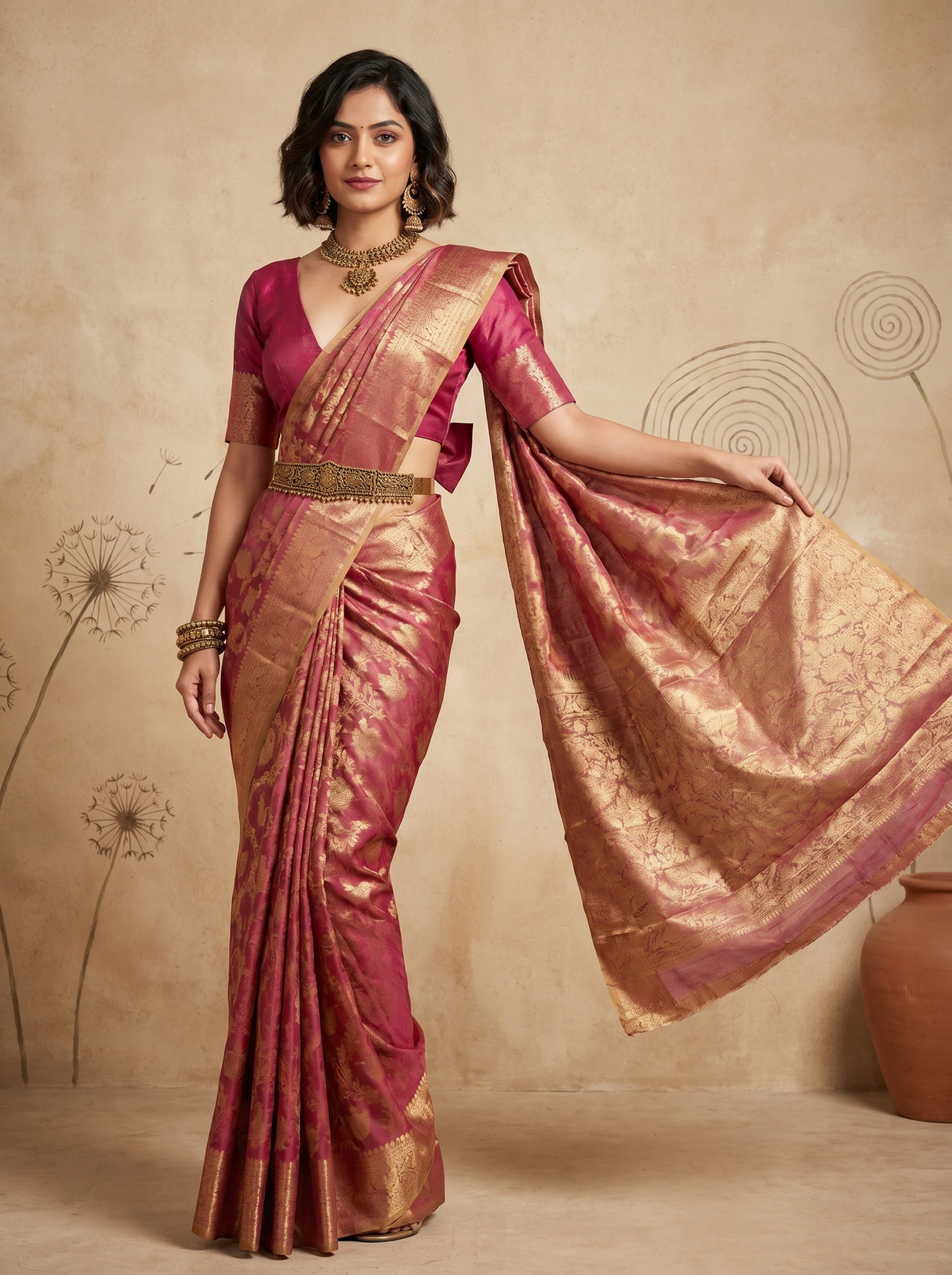 MIMOSA Gajari Kanjivaram Art Silk Saree — Full View on Model