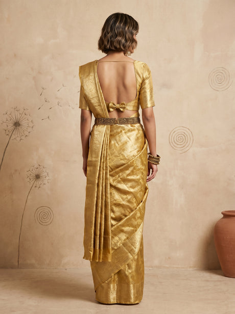MIMOSA Mustard Kanjivaram Saree — Unstitched Blouse Fabric