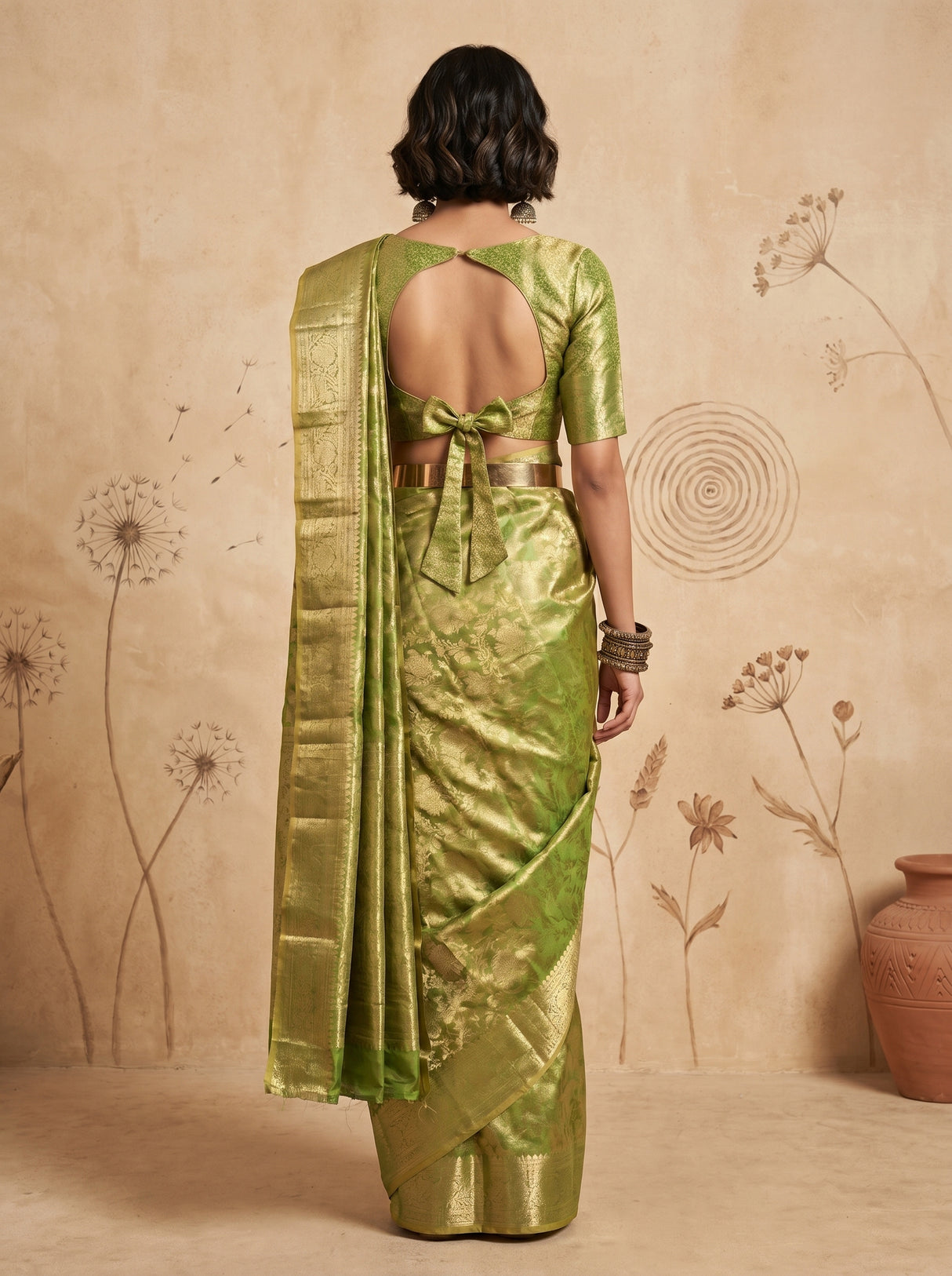 MIMOSA Olive Kanjivaram Saree — Unstitched Blouse Fabric