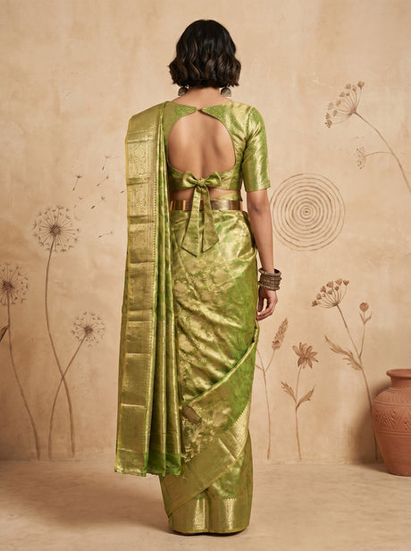 MIMOSA Olive Kanjivaram Saree — Unstitched Blouse Fabric
