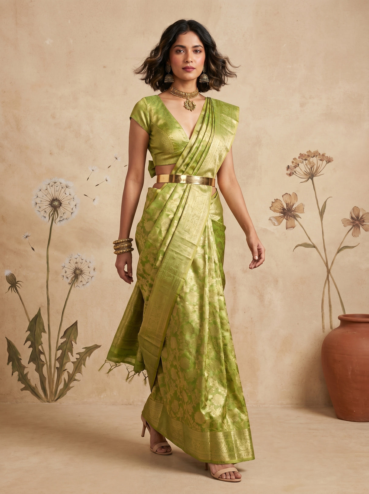 MIMOSA Olive Kanjivaram Saree — Pallu and Body Detail