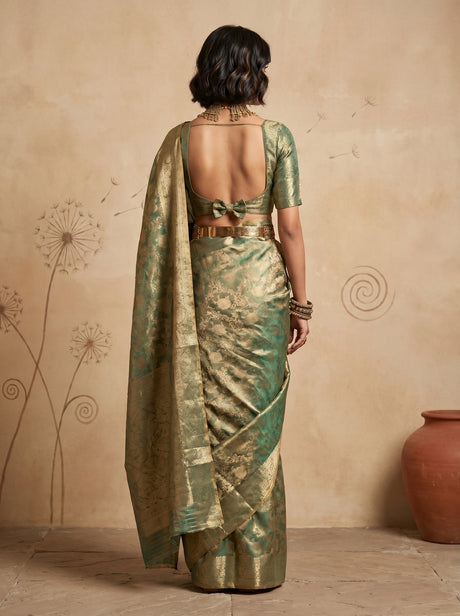 MIMOSA Rama Kanjivaram Saree — Unstitched Blouse Fabric