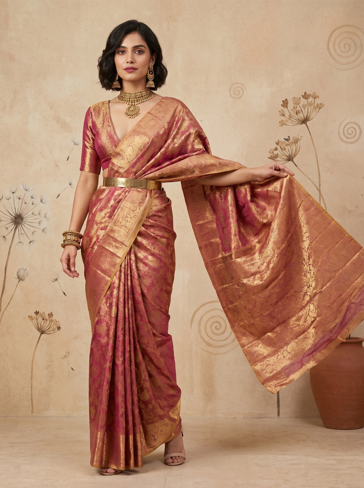 MIMOSA Rani Kanjivaram Art Silk Saree — Full View on Model