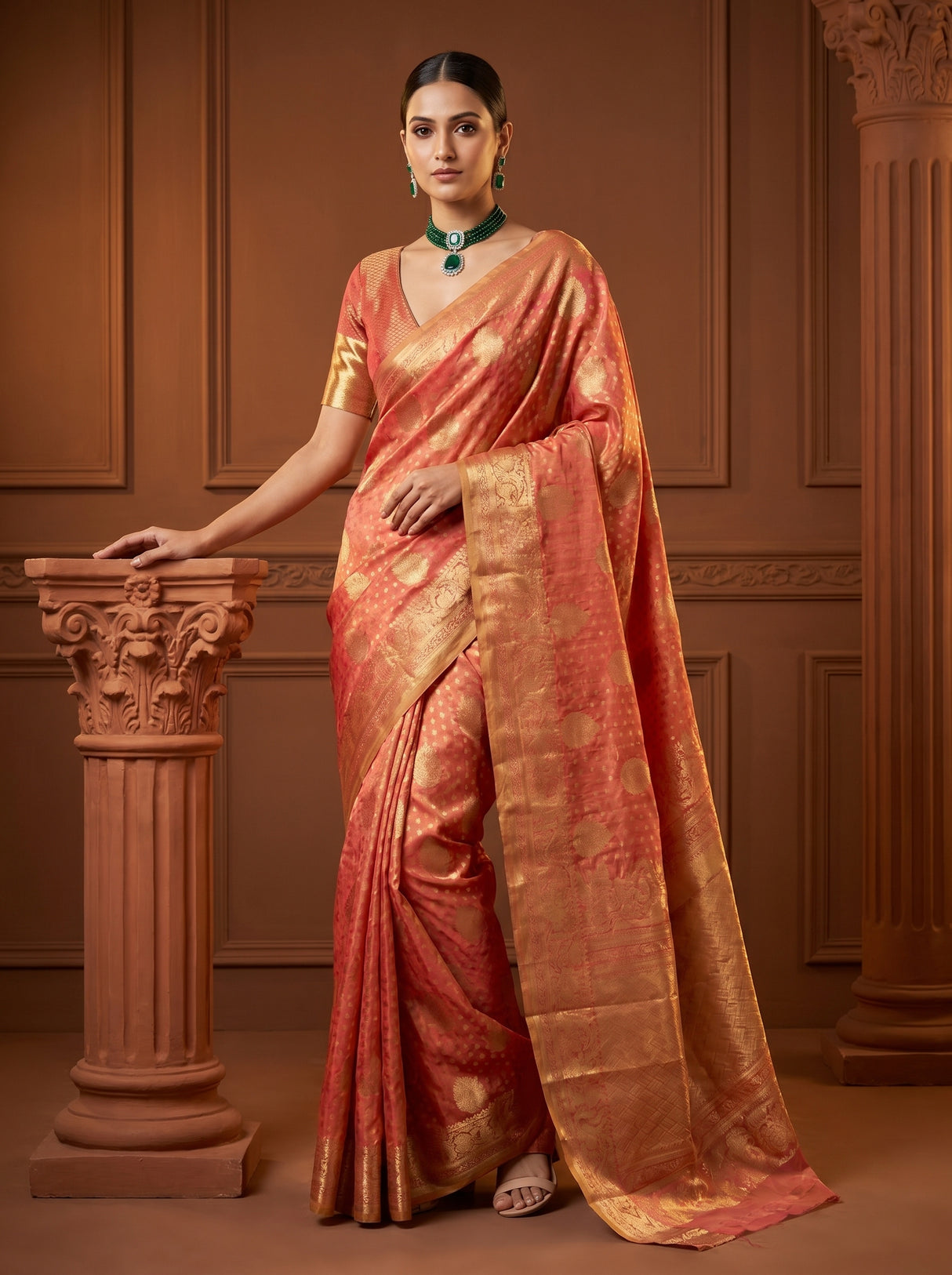 MIMOSA Gajari Kanjivaram Art Silk Saree — Model in a festive setting